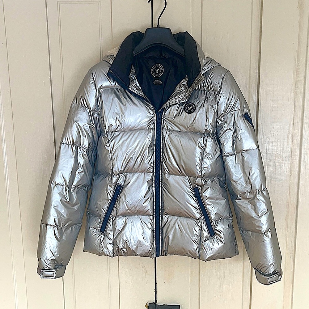 Metallic silver puffer coat